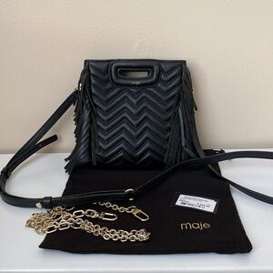 Maje M black leather quilted fringe crossbody shoulder gold chain bag